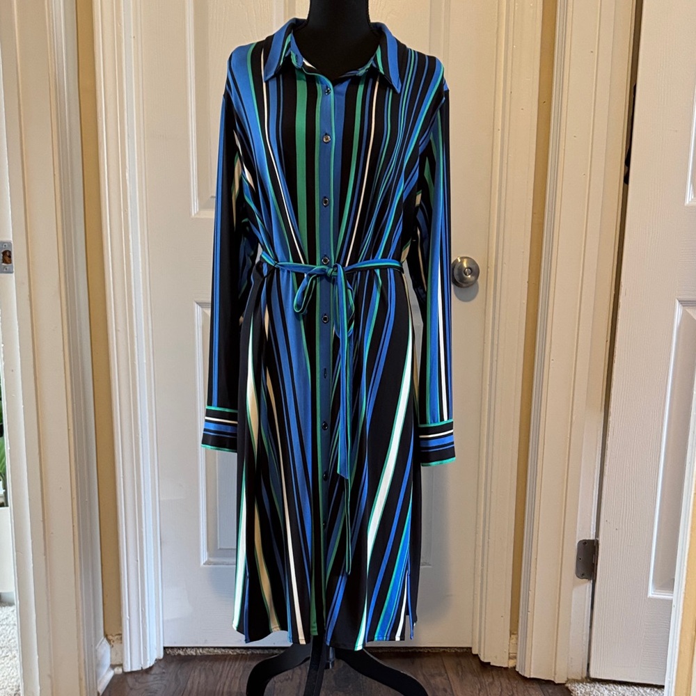Susan Graver Striped Button-Up Dress with Belt